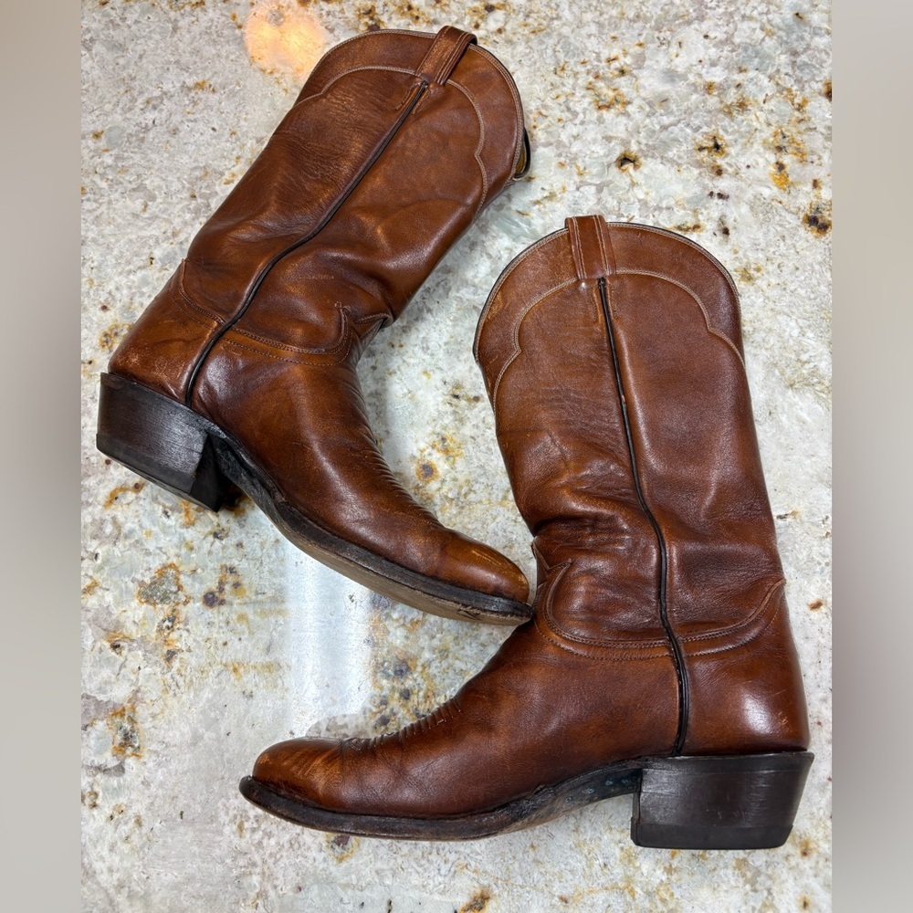 Tony Lama Men’s 9 Brown Oil Tanned Leather Cowboy Boots Vintage Western - Picture 4 of 7
